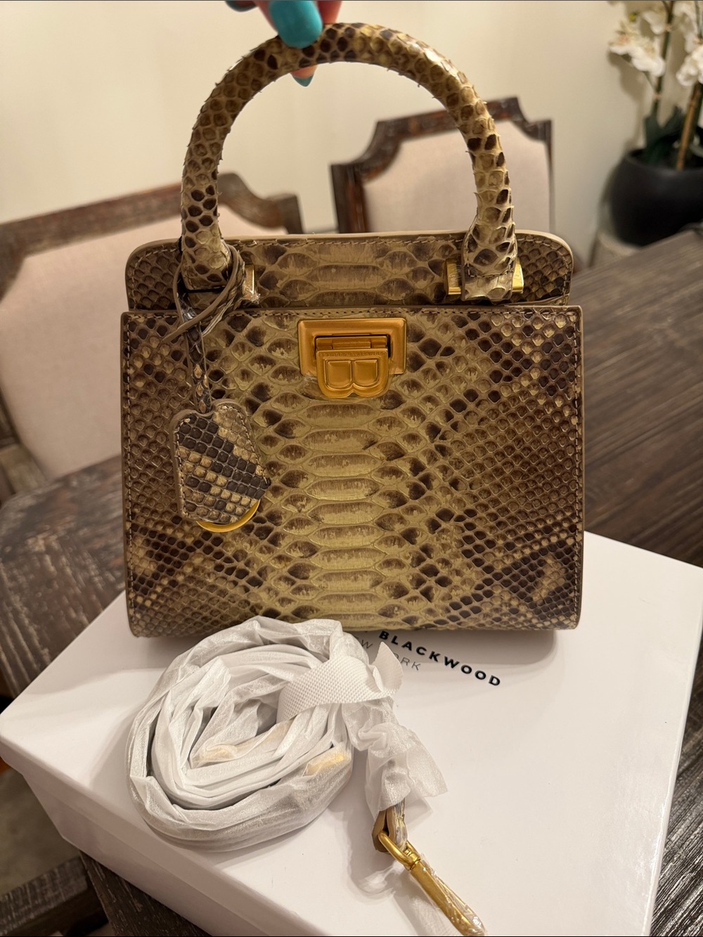 Brandon Blackwood Neutral Snakeskin Top-Handle Bag - Picture 5 of 6